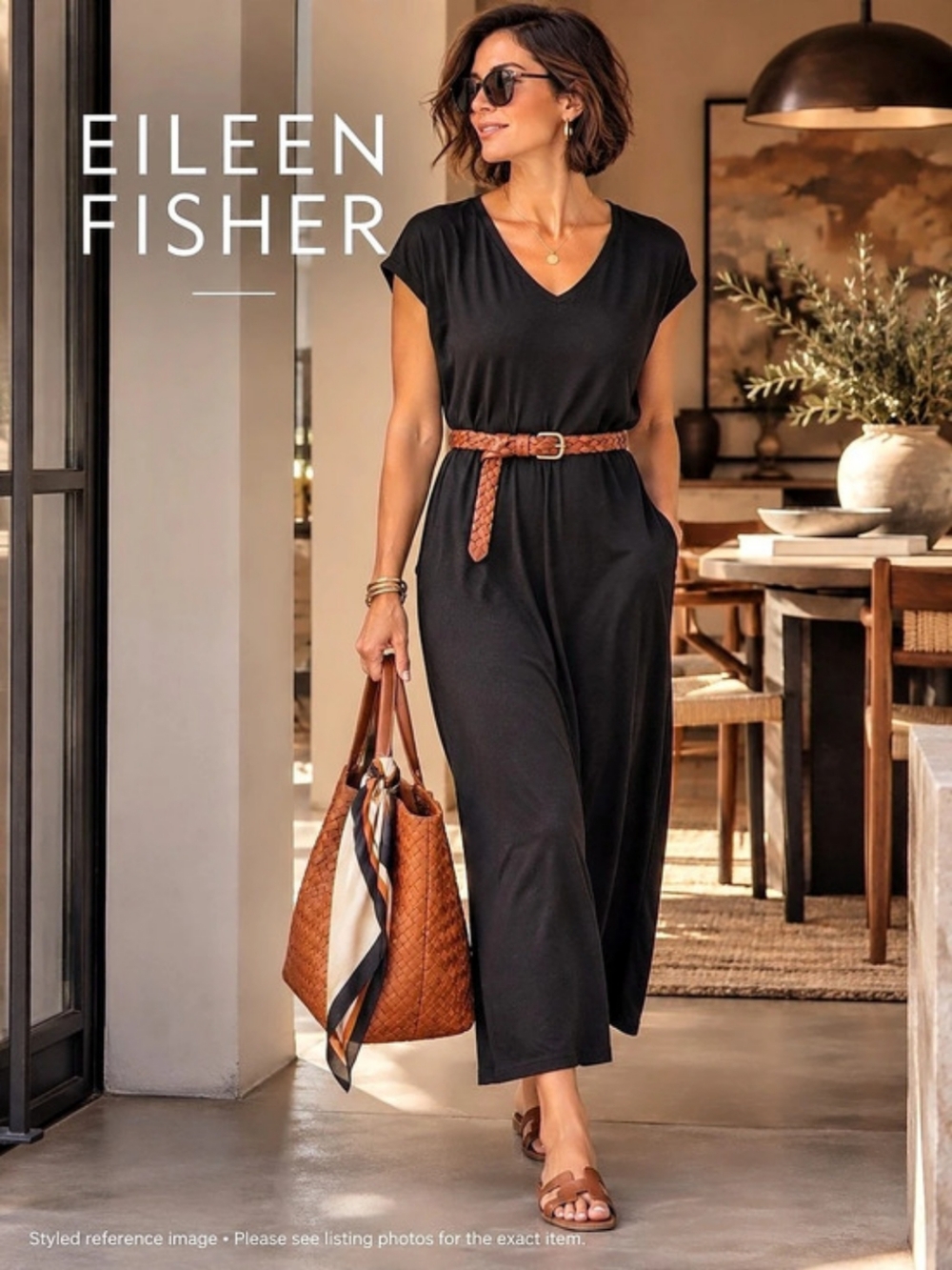 Eileen Fisher Fine Fabrics Jersey V-Neck Dress Black Maxi Size XS